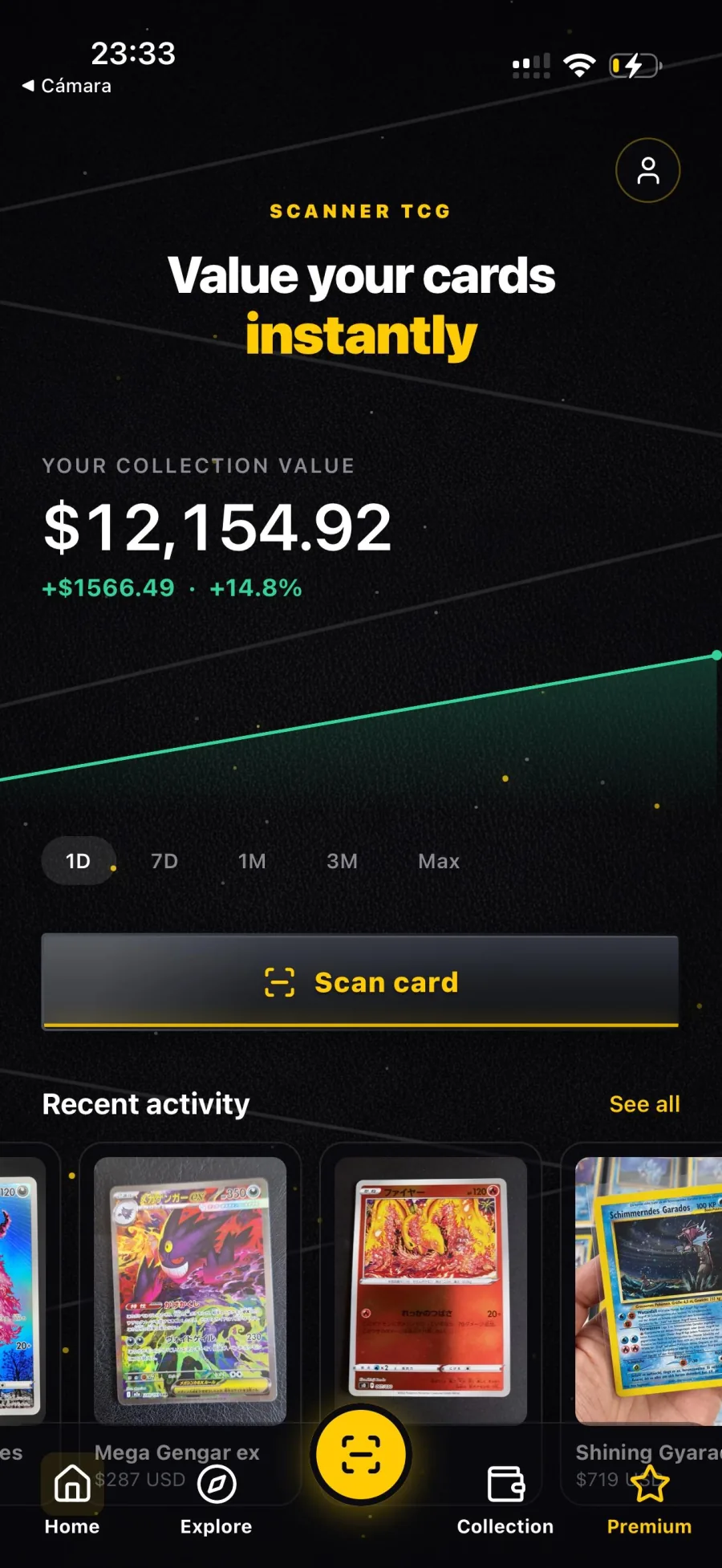 Scanner TCG AI home screen showing collection value and scan button