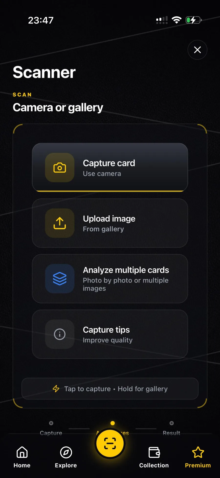 Scanner TCG AI — Scan with the camera, from the gallery, or in bulk