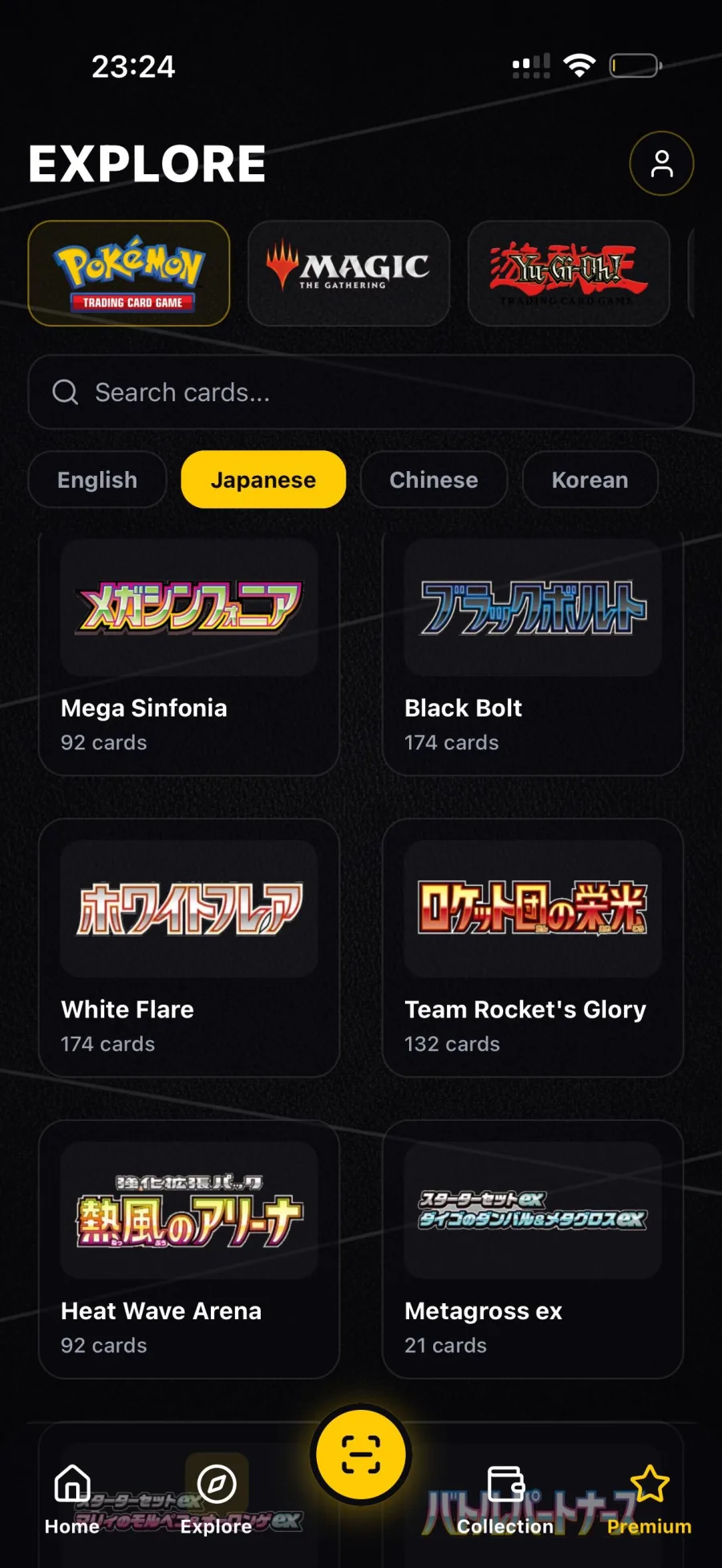 Scanner TCG AI — Switch the catalog to Japanese, Chinese or Korean